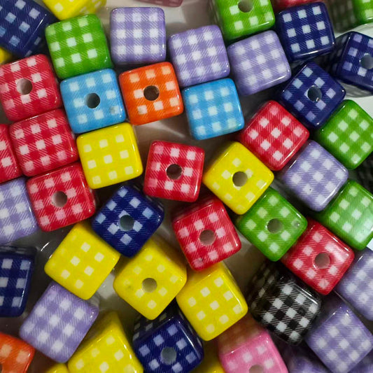 16mm Mixed-color square acrylic beads with a glossy finish and classic plaid (gingham) pattern.