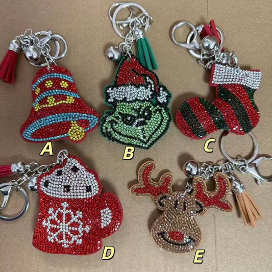Christmas rhinestone socks bell keychain cute holiday pendant with glitter design and small bell for keys or bags