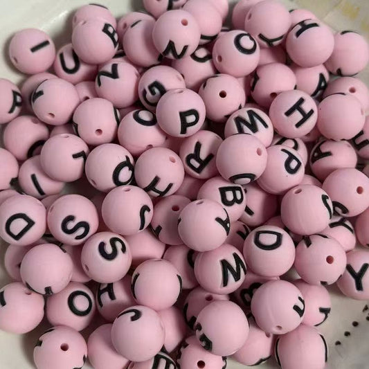 16mm pink round silicone alphabet beads with embossed English letters for DIY pen making and crafts