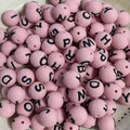 16mm pink round silicone alphabet beads with embossed English letters for DIY pen making and crafts