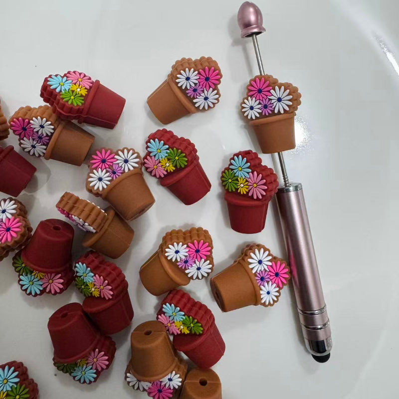 3D Flower Pot plant silicone focal beads for pen 