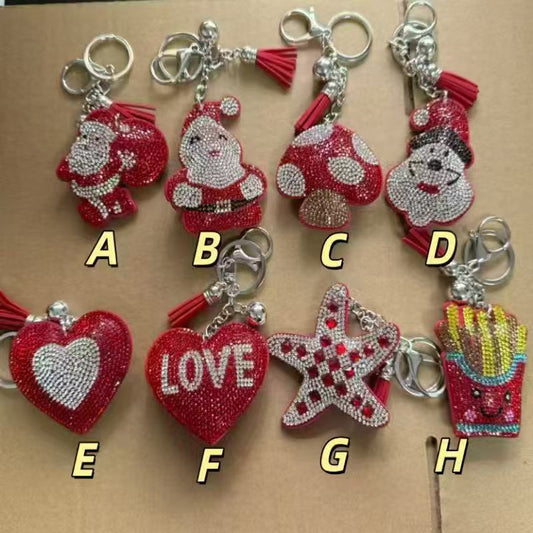 Christmas rhinestone keychain set with Santa snowman socks heart and snowflake charms colorful festive holiday accessories