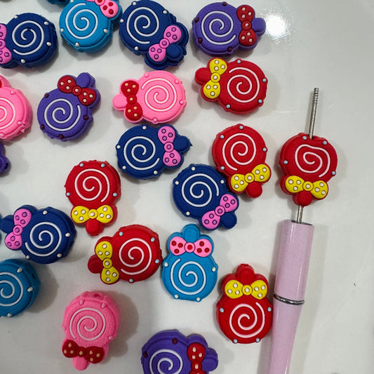 Multi-Color Swirls Bow Lollipop Candy Round Flat Silicone Focal Beads