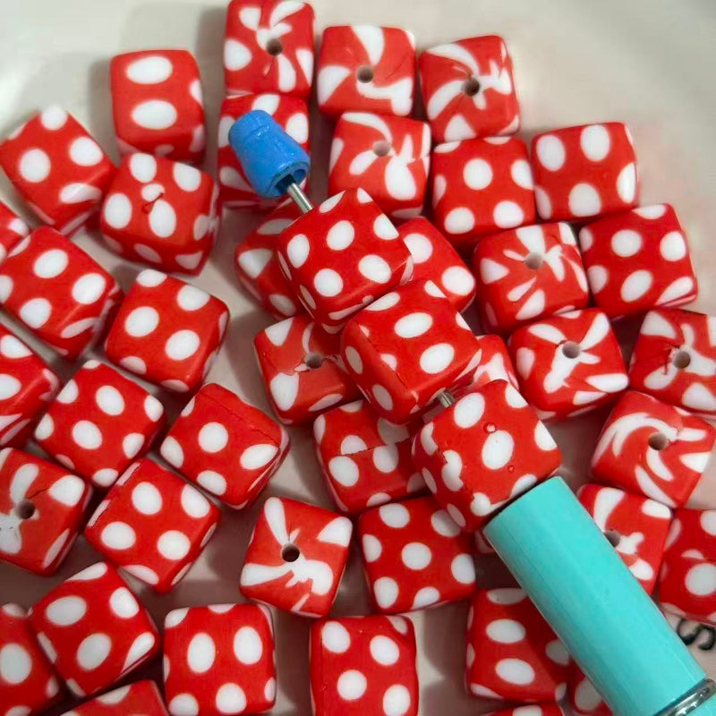 16mm square polka dots silicone beads with printed patterns for pen making jewelry DIY crafts colorful beads
