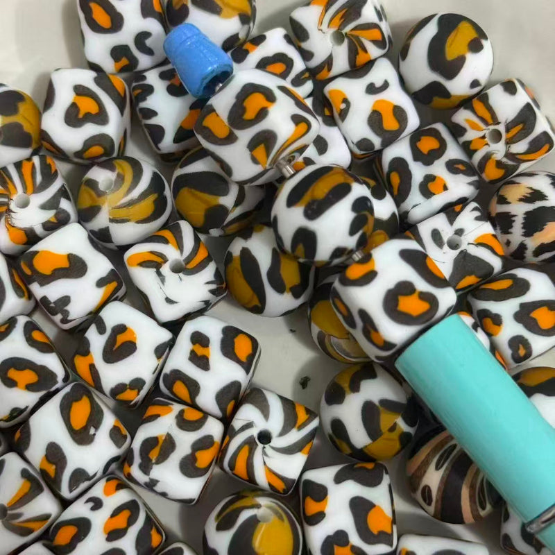 16mm square orange leopard silicone beads with printed patterns for pen making jewelry DIY crafts colorful beads