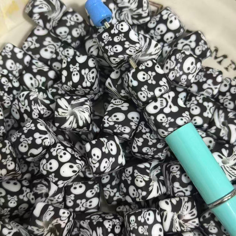 16mm square skull silicone beads with printed patterns for pen making jewelry DIY crafts colorful beads