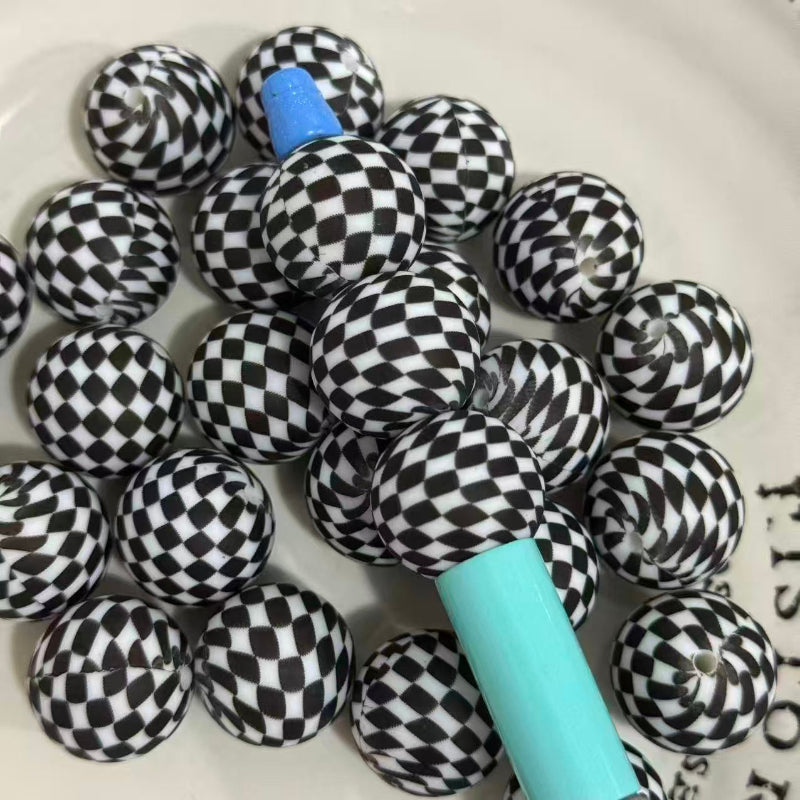 20mm silicone beads with printed checkered for pen making jewelry DIY crafts round soft beads