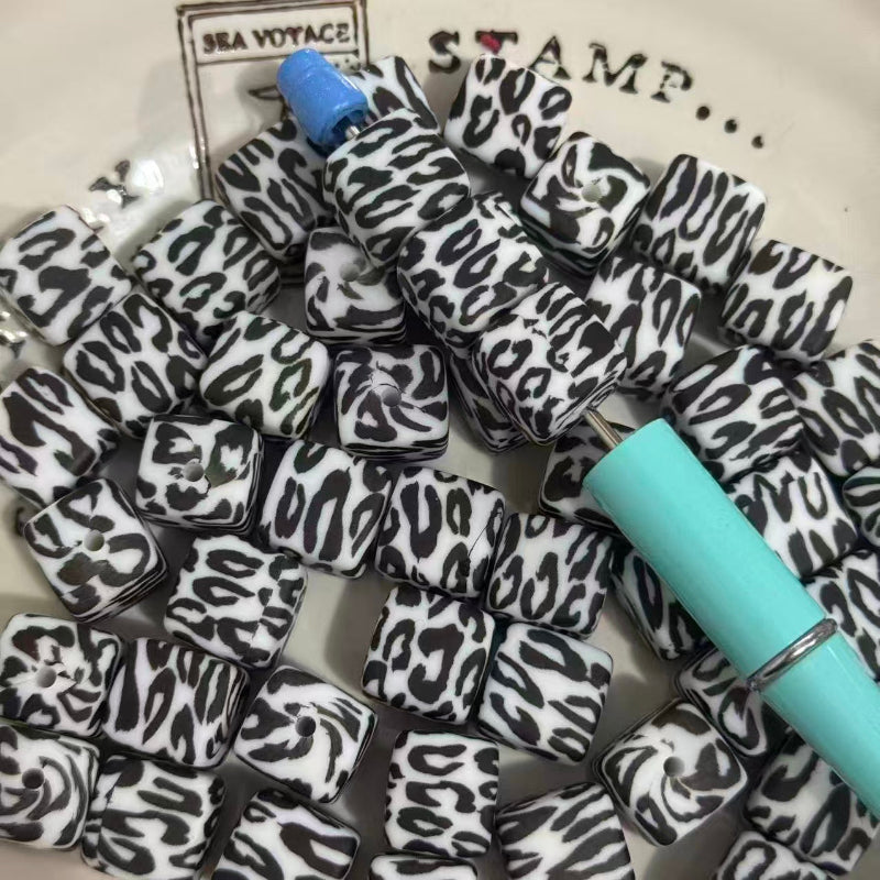 16mm square leopard silicone beads with printed patterns for pen making jewelry DIY crafts colorful beads