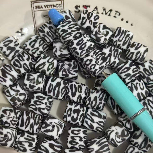 16mm square leopard silicone beads with printed patterns for pen making jewelry DIY crafts colorful beads