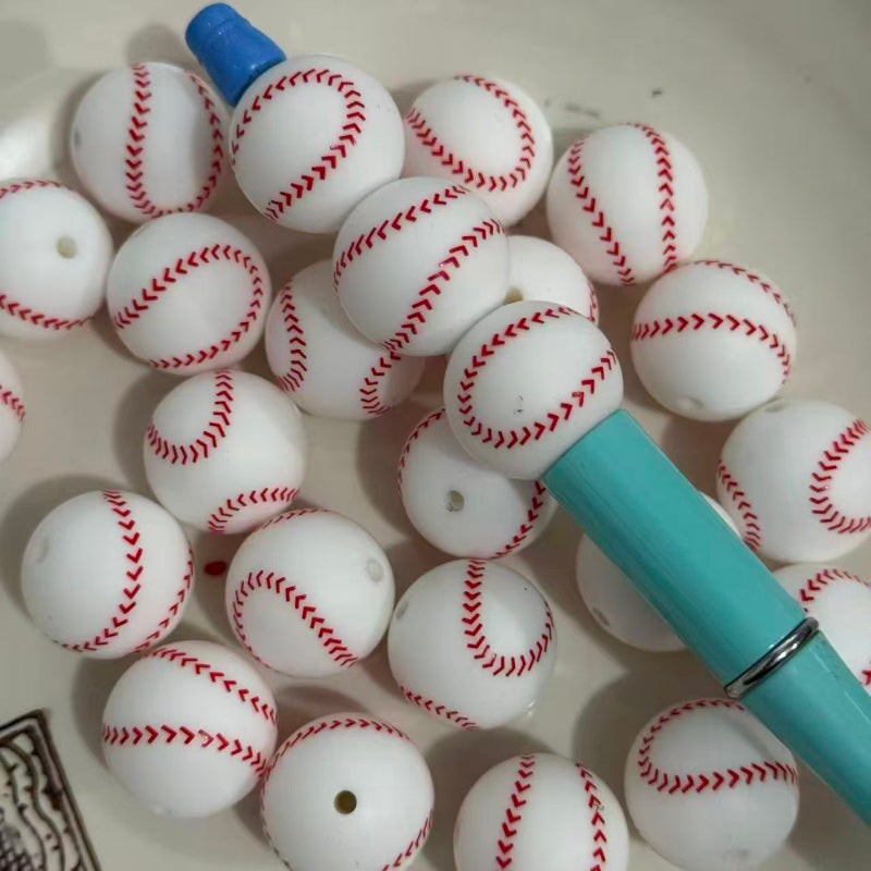 20mm silicone beads with printed baseball for pen making jewelry DIY crafts round soft beads