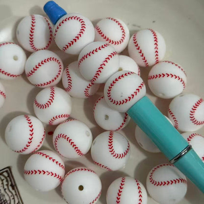 20mm silicone beads with printed baseball for pen making jewelry DIY crafts round soft beads