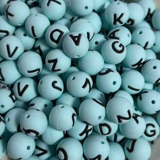 16mm teal round silicone alphabet beads with embossed English letters for DIY pen making and crafts